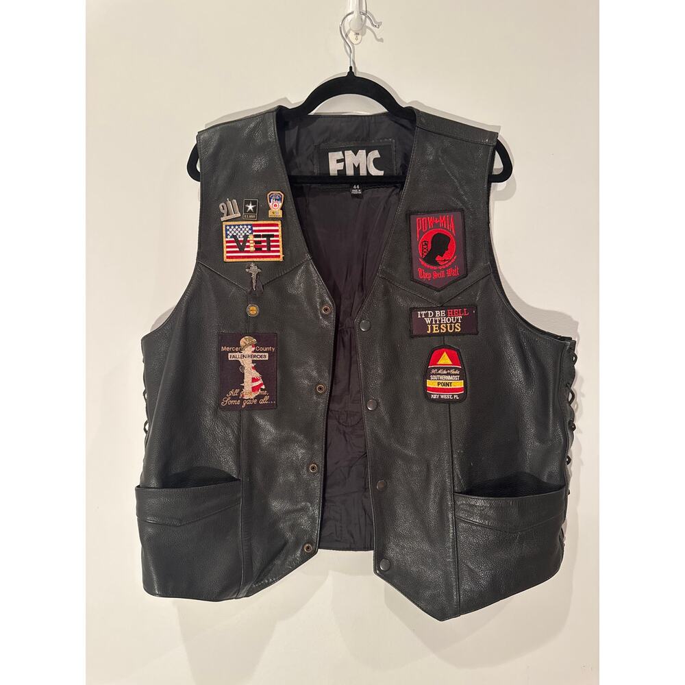 Vintage Leather Motorcycle Vest with Patches – Size 44– Biker/Veteran Style